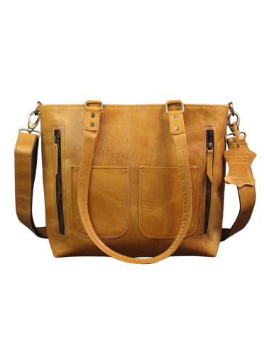 Madosh Women's Genuine Leather Tote Shoulder Bag – Handcrafted Yellow Crossbody Everyday Purse with Detachable Strap & Front Pockets